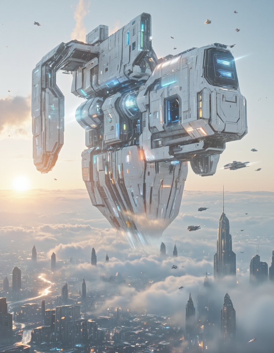 <lora:SW_Minis_3v2flux:1> IMG_1244.CR2, a massive futuristic white mothership floating above a white cyberpunk city in the clouds, with the sun setting on the horizon. The mothership has a highly detailed and intricate design, featuring metallic structures, glowing blue lights, and various modules attached to its frame. Smaller spacecraft are seen flying around it, enhancing the scale and depth of the scene. Reflections.
swminis3all, photo, test3