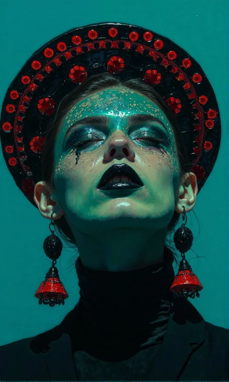 Close-up portrait of a woman.
The woman has a striking, teal-toned complexion, and her eyes are closed, giving a serene expression. Her makeup is dramatic, with a noticeable amount of shimmering, sparkly eyeshadow. Her lips are painted a deep, rich black.
She wears a fitted, black turtleneck.
A distinctive headpiece, or hat, shaped like a rounded bowl, covers her head. This headpiece features a repeating pattern of small, bright red polka dots against a black background. The pattern seems to have a three-dimensional or slightly raised effect, rather than just a flat design.
Large earrings with a similar polka dot design in red on a black background dangle from each earlobe. The earrings are substantial and add to the overall futuristic, bold aesthetic of the image.
The background is a flat, solid teal-blue color, which contrasts sharply with the woman's attire and the vibrant red accents. The lighting is carefully controlled, highlighting the woman's features and creating strong shadows that enhance her form. The overall impression is one of modern, stylized fashion photography., <lora:FLUX-daubrez-DB4RZ-v2:1> DB4RZ, DB4RZ style painting