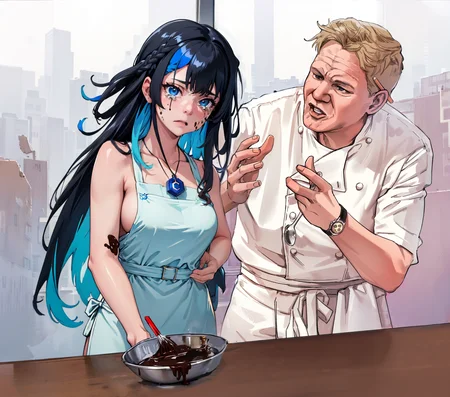 High Quality, Masterpiece, 1girl, IncrsChocoMaker, <lora:ChocolateMaking:1>, whisk, apron, food on face, kitchen, chocolate on body, panicking, civitai-chan, braided bangs, multicolored hair, black hair, blue hair, blue eyes, necklace, <lora:Char_Meme_Civitaichan:0.8>,