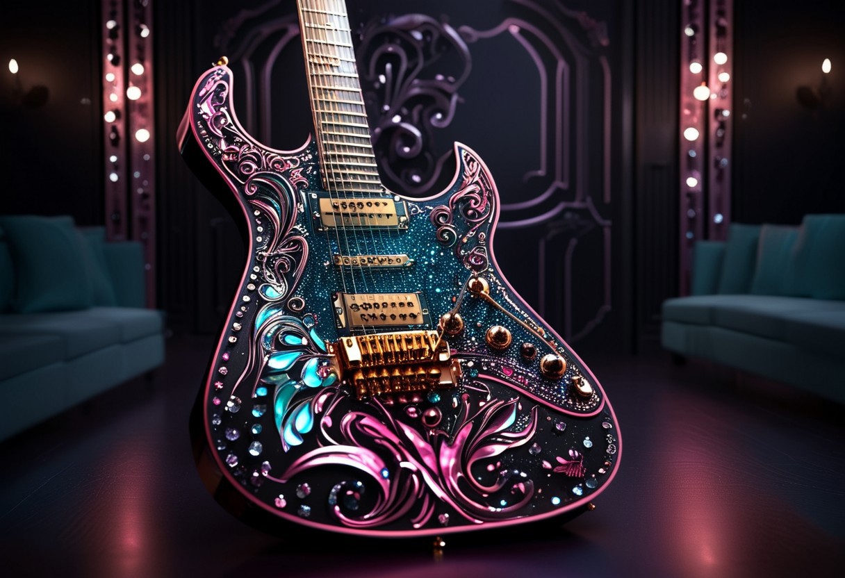 RAW photo of a very detailed reflective guitar with whimsical elements, completely dark studio, magical glowing guitar,( the room is dark:2), only light of source is coming from the guitar, cyan and pink neon, strong highlights, complimentary colors, reflective enviroment, spot lights, futuristic style, 90% black and 10% gold colors, big white diamonds on the guitar, strong depth of field, darkness, dramatic light, dusty black theme, intricate details, ultra sharp, exquisite detail, flawless composition, vivid colors, masterpiece, exciting background, timeless elegant and Exquisite