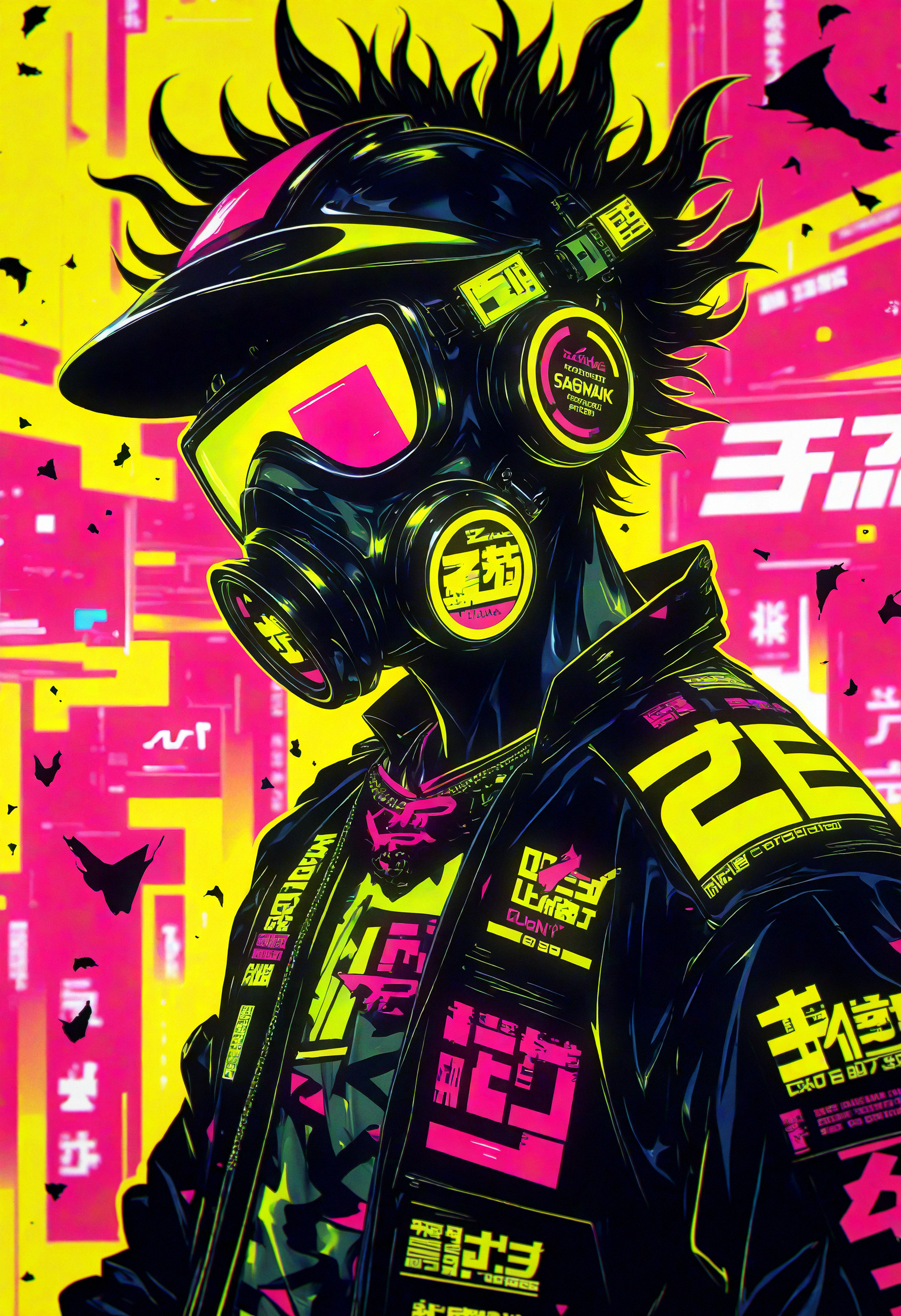 bo-cpposter,  futuristic portrait of a figure wearing a sleek gas mask and stylized helmet, exuding an edgy urban vibe. The character has wild, tousled hair and is dressed in a fitted black jacket adorned with neon accents, set against a vibrant backdrop. Utilize a color palette dominated by bright yellows, electric pinks, and deep blacks, creating a high-contrast, cyberpunk aesthetic. Incorporate graphic elements and abstract shapes that evoke a sense of movement and energy. The setting should suggest a bustling cityscape with neon signage subtly blurred in the background, creating depth. Aim for a hyperrealistic style that emphasizes sharp details, showcasing the character's intense expression and unique attire. , <lora:Flux\boFLUX Cyberpunk Poster.safetensors:1.4000000000000001:1.4000000000000001>