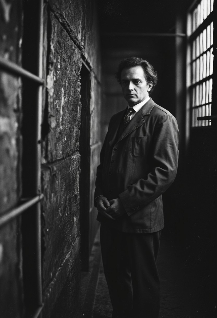 Oscar Wilde in his cell picking oakum in Newgate prison in 1895 .  He is aged 41. His face is lined and and tired and ugly. Standing watching him is a beautiful 19yr old young man. The young man is Dorian Gray