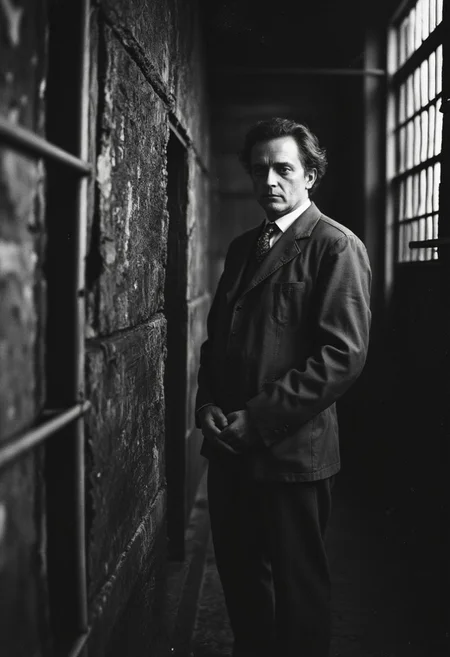Oscar Wilde in his cell picking oakum in Newgate prison in 1895 .  He is aged 41. His face is lined and and tired and ugly. Standing watching him is a beautiful 19yr old young man. The young man is Dorian Gray