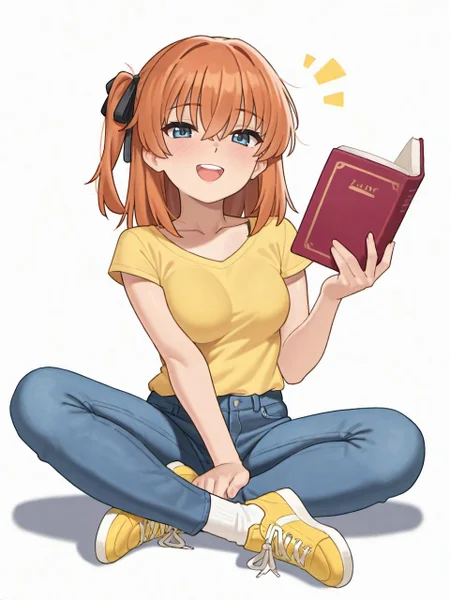 masterpiece, best quality, amazing quality, very aesthetic, high resolution, <lora:sleepy_frippy_style_v2_illustrious_epoch_6:0.8>, sleepyfrippystyle,
1girl, full body, solo, blue eyes, yellow shirt, ribbon, skirt, socks, hair ribbon, open mouth, holding, jeans, shoes, smile, sitting, orange hair, breasts, can, white background, collarbone, looking at viewer, bangs, hair between eyes, blush, simple background, yellow footwear, book, black ribbon, short sleeves, upper teeth only, :d, medium breasts,