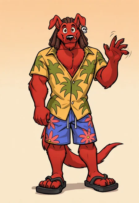 masterpiece, ultra detailed, amazing quality, absurdres, very aesthetic, no humans, solo focus, male focus, furry male, 1boy, 
d_w0lf_mon, red fur, red body, body fur, elbow tuft, brown hair, dreadlocks, brown eyes, long snout, black nose, single earring, skull earring, smile, fangs, looking at viewer, closed mouth, wide-eyed, facial hair, chin tuft, wrinkles, mature male, droopy ears, muscular, chest tuft, pectoral cleavage, yellow shirt, collared shirt, hawaiian shirt, palm tree print, short sleeves, partially unbuttoned, blue shorts, swimming trunks, floral print shorts, hand up, waving, finger claws, arm at side, tail, standing, cocked hip, contrapposto, sandals, toe claws, perfect hands, perfect feet, 5 fingers, 4 toes, from front, 
BREAK 
simple background, gradient background, perfect lighting, shadow,