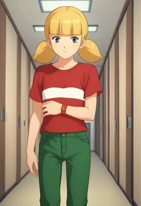 score_8, score_8_up, score_7_up, score_6_up, fsn_style, source_anime BREAK, 1girl, solo, penny \(inspector gadget\), blonde hair, twintails, blunt bangs, blue eyes, flat chest, red shirt, red shirt, striped shirt, stripe, white stripe, green pants, wristwatch, indoors, hallway