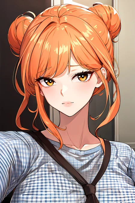 (masterpiece:1.2), best quality, 1lady, double hairbun, pastel orange hair, white eyes,| goddess, yellow color tiefront shirt, gingham, shirt, <lora:my_friends:0.5>, looking at viewer,