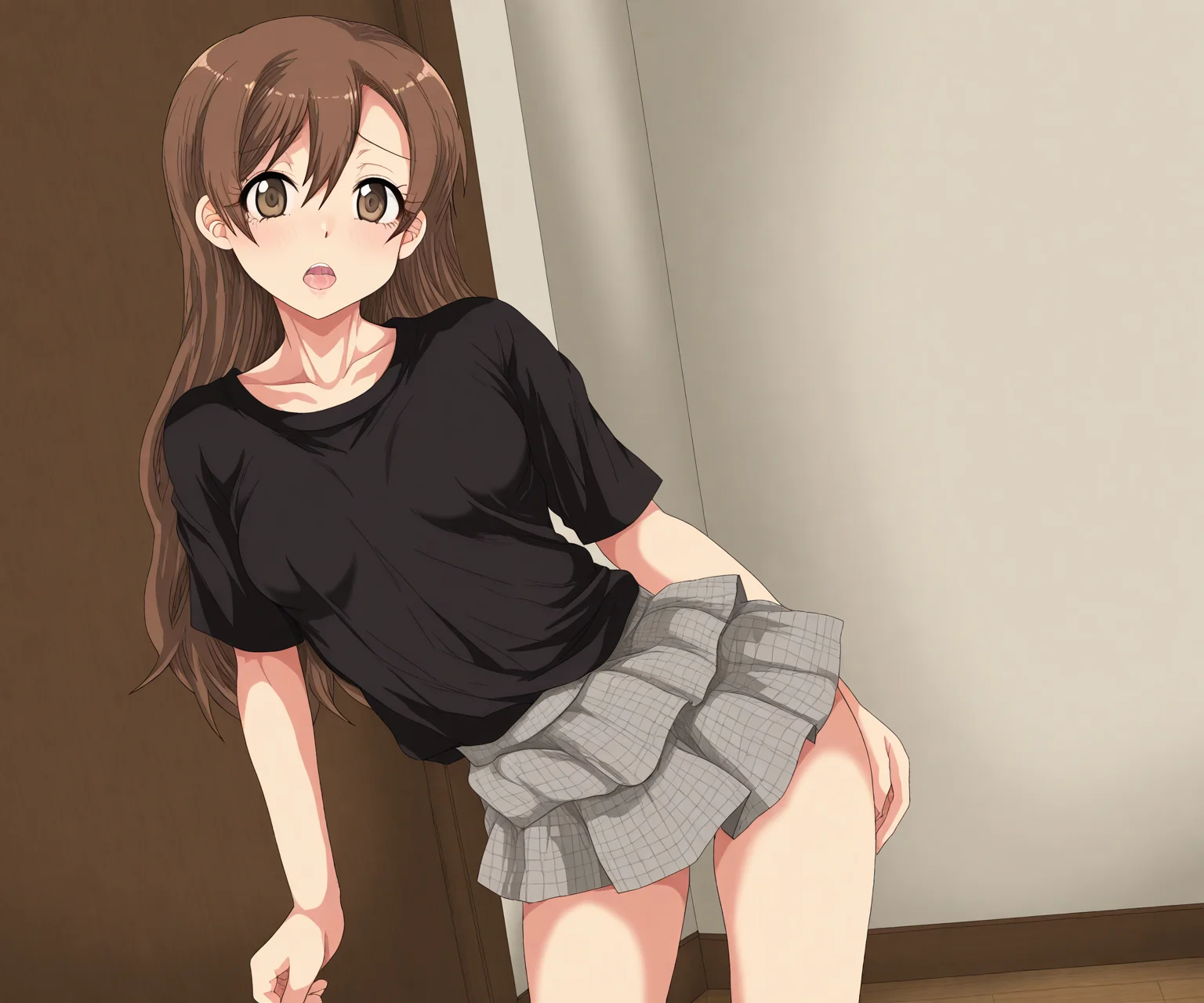 masterpiece, best quality, amazing quality, sfw, 1girl, solo, looking at viewer, shirt, , skirt, open mouth, standing, <lora:Kuroo style ILL:1> kuroo_style