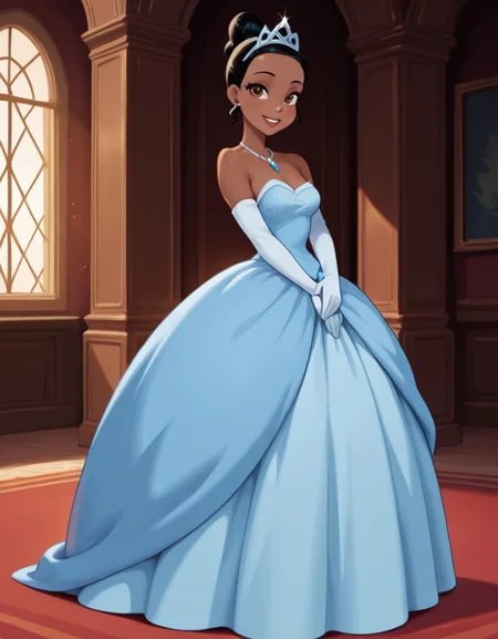 masterpiece, best quality, amazing quality,  very aesthetic, absurdres,  newest, detailed background, 4k, 8k, indoors, medium breasts, looking at viewer, 
tianaxd, 1girl, solo, dress, dark skin, dark-skinned female, gloves, tiara, jewelry, elbow gloves, necklace, smile, earrings, black hair, bare shoulders, very dark skin, hair bun, strapless, brown eyes, gown, blue dress, single hair bun, crown, breasts, white gloves, princess, blue dress, full body,
<lora:Tiana_-_Disney_Illustrious:1>