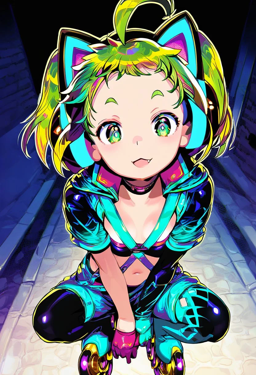 pink headphones, animal ear headphones, cat ear headphones, green hair, short hair, ahoge, twintails, green eyes, aqua eyes, detailed eyes, perfect eyes, fang, thick eyebrows, BREAK blue headphones, googles, choker, cropped jacket, jacket, short sleeves, navel, asymmetrical legwear, uneven legwear, mismatched legwear, gloves, boots, thigh boots, shorts, thighhighs, suspenders, underwear, skates, roller skates,  BREAK bend over, hands on knees, cute pose, looking at viewer, outdoors, streets background, night, colorful, angle view, BREAK ((ultra-detailed)), ((best quality)), ((best quality)), ((beautiful eyes)), ((extremely detailed)), 4K, (8K), best quality, (beautiful), Master piece, highres, score_9, score_8_up, score_7_up, score_6_up, score_5_up, score_4_up, colorful, best quality, masterpiece, nai3, god light, detailed background, high quality background, Urakagi_Saji,