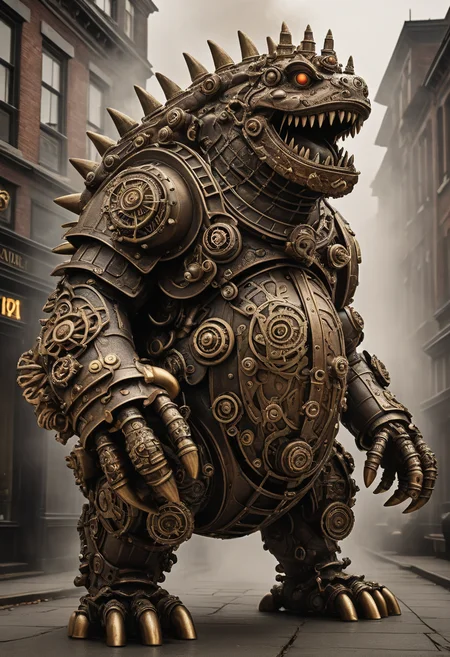 Positive prompt:
steampunk style A colossal steampunk Godzilla, steam coming out of it's body, its body adorned with gears and cogs that move in harmony as it stomps through a Victorian-inspired cityscape. The mechanical beast breathes fire while smoke billows from its nostrils creating an ominous atmosphere, . antique, mechanical, brass and copper tones, gears, intricate, detailed