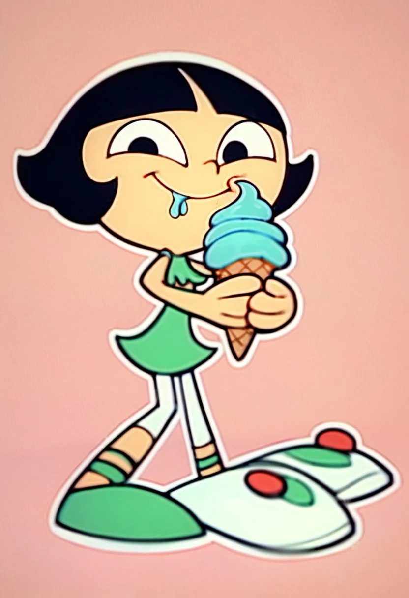 score_9, score_8_up, score_7_up BREAK LeeLeeDL, 1girl, black hair, bob cut, blunt bangs, black eyes, sleeveless green dress, white tights, green ballet shoes, smiling at viewer, solo, solo focus, eating a ice cream, full body,