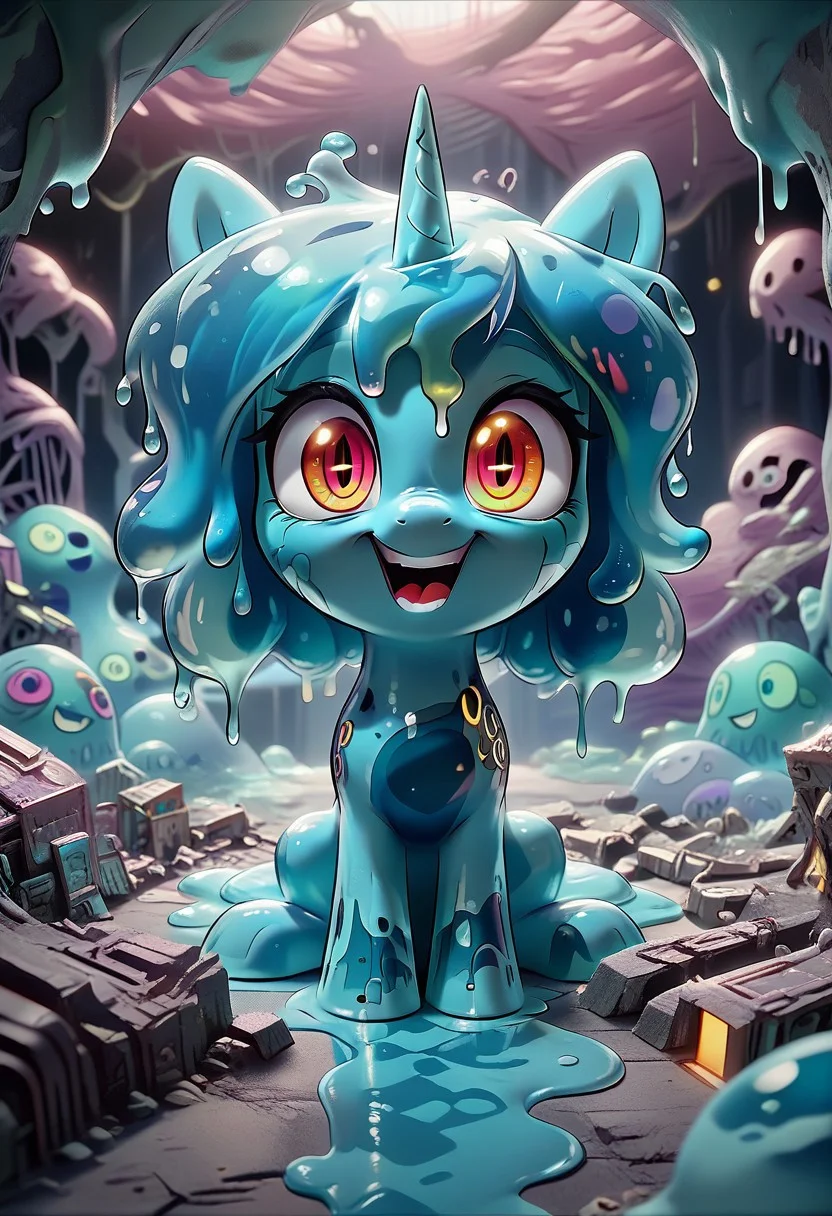score_9, score_8_up, score_7_up, sl1m3d, slime-morph, a cute chibi pony made out of slime with huge eyes, crazy eyes, surreal, animal focus, fantasy, colorful, cute, funny