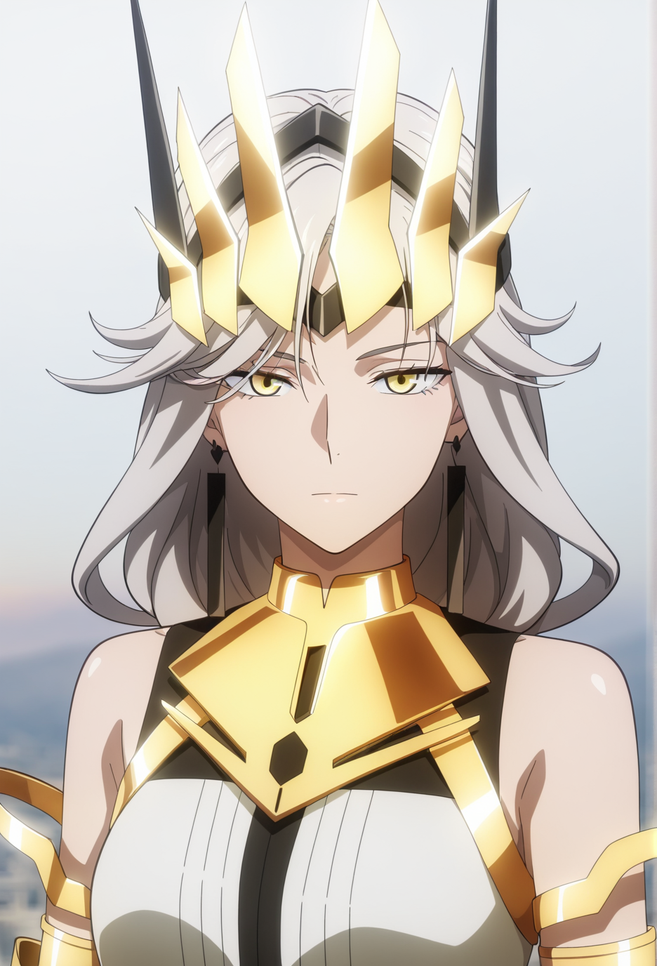 official style,(anime coloring:1.6),(anime screencap) masterpiece,masterpiece,best quality,very aesthetic,
absurdres,highres,
mature female,slim figure,medium breasts,<lora:detailed hand focus style illustriousXL v1:0.5>,detailed,
light grey background,solid background,gradient background,backlighting,cinematic_angle,1girl,solo,
sunrise,expressionless,looking at viewer,contempt,confident,elegant,standing,upper body,portrait,
<lora:To Be Hero X-QueenV1-Nuclear1811-IL:0.7>,Queen-Liu,yellow eyes,grey hair,long hair,very long hair,braid,long braid,single braid,braided ponytail,ch3,ch3 horns,ch3 silver horns,ch3 fake horns,ch3 jewelry,ch3 earrings,ch3 black earrings,ch3 armor,ch3 golden armor,ch3 cape,ch3 white cape,ch3 bare shoulders,ch3 dress,ch3 white dress,ch3 boots,ch3 gauntlets,ch3 boots,ch3 white footwear,ch3 high heels,ch3 high heel boots,ch3 crown,ch3 golden crown,ch3 headgear,ch3 headpiece,