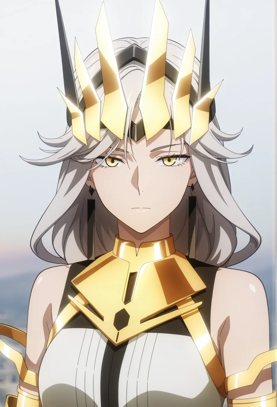 official style,(anime coloring:1.6),(anime screencap) masterpiece,masterpiece,best quality,very aesthetic,
absurdres,highres,
mature female,slim figure,medium breasts,<lora:detailed hand focus style illustriousXL v1:0.5>,detailed,
light grey background,solid background,gradient background,backlighting,cinematic_angle,1girl,solo,
sunrise,expressionless,looking at viewer,contempt,confident,elegant,standing,upper body,portrait,
<lora:To Be Hero X-QueenV1-Nuclear1811-IL:0.7>,Queen-Liu,yellow eyes,grey hair,long hair,very long hair,braid,long braid,single braid,braided ponytail,ch3,ch3 horns,ch3 silver horns,ch3 fake horns,ch3 jewelry,ch3 earrings,ch3 black earrings,ch3 armor,ch3 golden armor,ch3 cape,ch3 white cape,ch3 bare shoulders,ch3 dress,ch3 white dress,ch3 boots,ch3 gauntlets,ch3 boots,ch3 white footwear,ch3 high heels,ch3 high heel boots,ch3 crown,ch3 golden crown,ch3 headgear,ch3 headpiece,