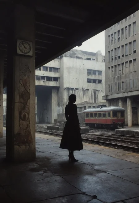 A photo of the interior of a large train station set in the 80's built in a brutalist architectural style. Its walls are moldy and decayed, and in some places the facade has fallen and chipped away. The roof is made of tiled glass which lets a sickening light coming through. Some old fashion trains are visible. All platforms are empty except the silhouette of a woman. She is standing next to a column which has a clock on top of it. The atmosphere is gloomy and desolate.