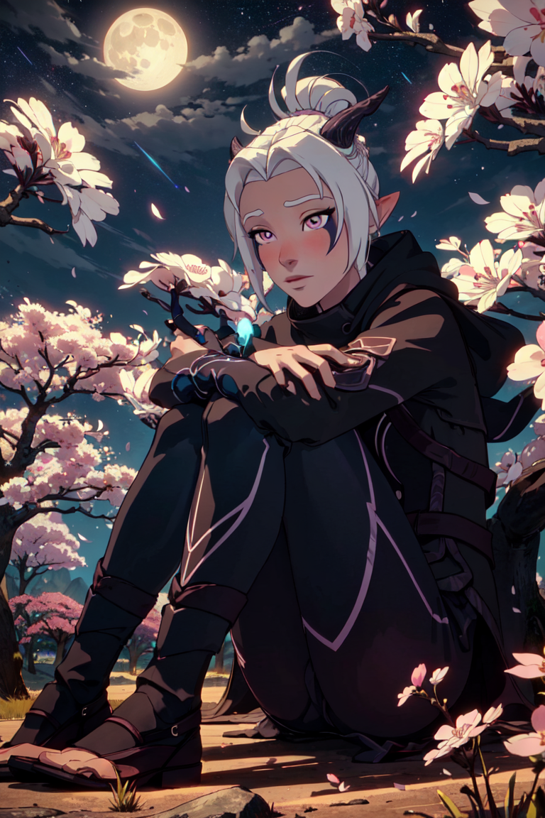Rayla, horns, purple eyes, standing on a cliff, (night time, moon in background, blue night sky, stars, pink cherry blossom trees, magical forest), (realistic:1.2), (masterpiece:1.2), (full-body-shot:1.2),(from below:1.2), dark romantic lighting, (highly detailed:1.2), (detailed face:1.2), (gradients), colorful, detailed eyes, (natural lighting:1.2), solo, <lora:add_detail:0.3> <lora:DragonPrince_RaylaS4-10:0.8>  <lora:BeautifulEyes:0.3>