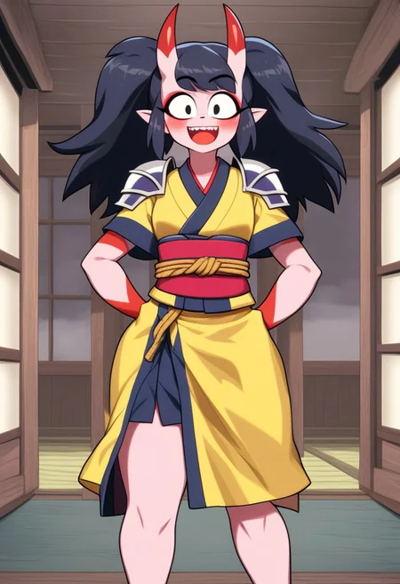 HCSV1,
1girl, solo, twintails, bangs, smile, blush, teeth, happy, horns, cowboy shot, black hair, long hair, black eyes, open mouth, upper teeth, shoulder armor, yellow shirt, brown sash, yellow kimono, red armor, black armor, standing, looking at viewer, oni horns, shirt, wide-eyed, oni, thighs, short sleeves, straight-on, thick thighs, plump, arms at sides, short kimono, japanese clothes, hair over shoulder, armor, japanese armor, rope belt, sash, kimono, kusazuri, kote, barefoot sandals, indoors