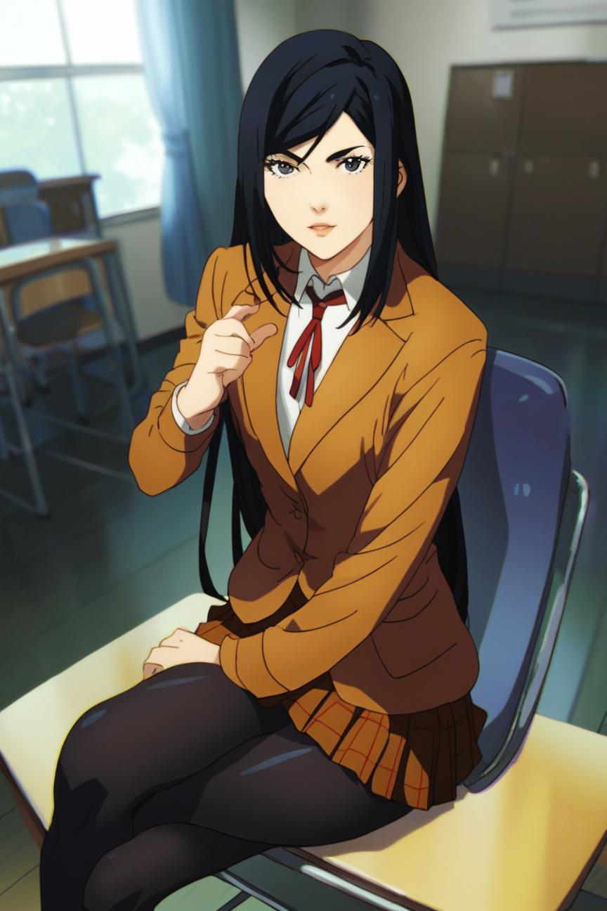 score_9_up, score_8_up, score_7_up, <lora:Prison_School_anime_style_Pony_r2:1>,mari kurihara, solo, pantyhose, long hair, black hair, crossed legs, sitting, school uniform, skirt, chair, jacket, black eyes, black pantyhose, looking at viewer, indoors, cabinet,best quality, high quality