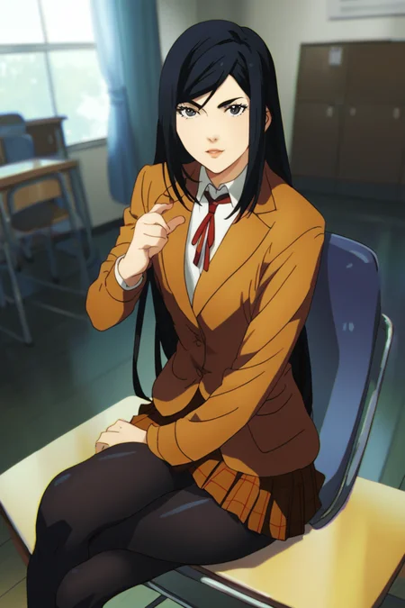 score_9_up, score_8_up, score_7_up, <lora:Prison_School_anime_style_Pony_r2:1>,mari kurihara, solo, pantyhose, long hair, black hair, crossed legs, sitting, school uniform, skirt, chair, jacket, black eyes, black pantyhose, looking at viewer, indoors, cabinet,best quality, high quality