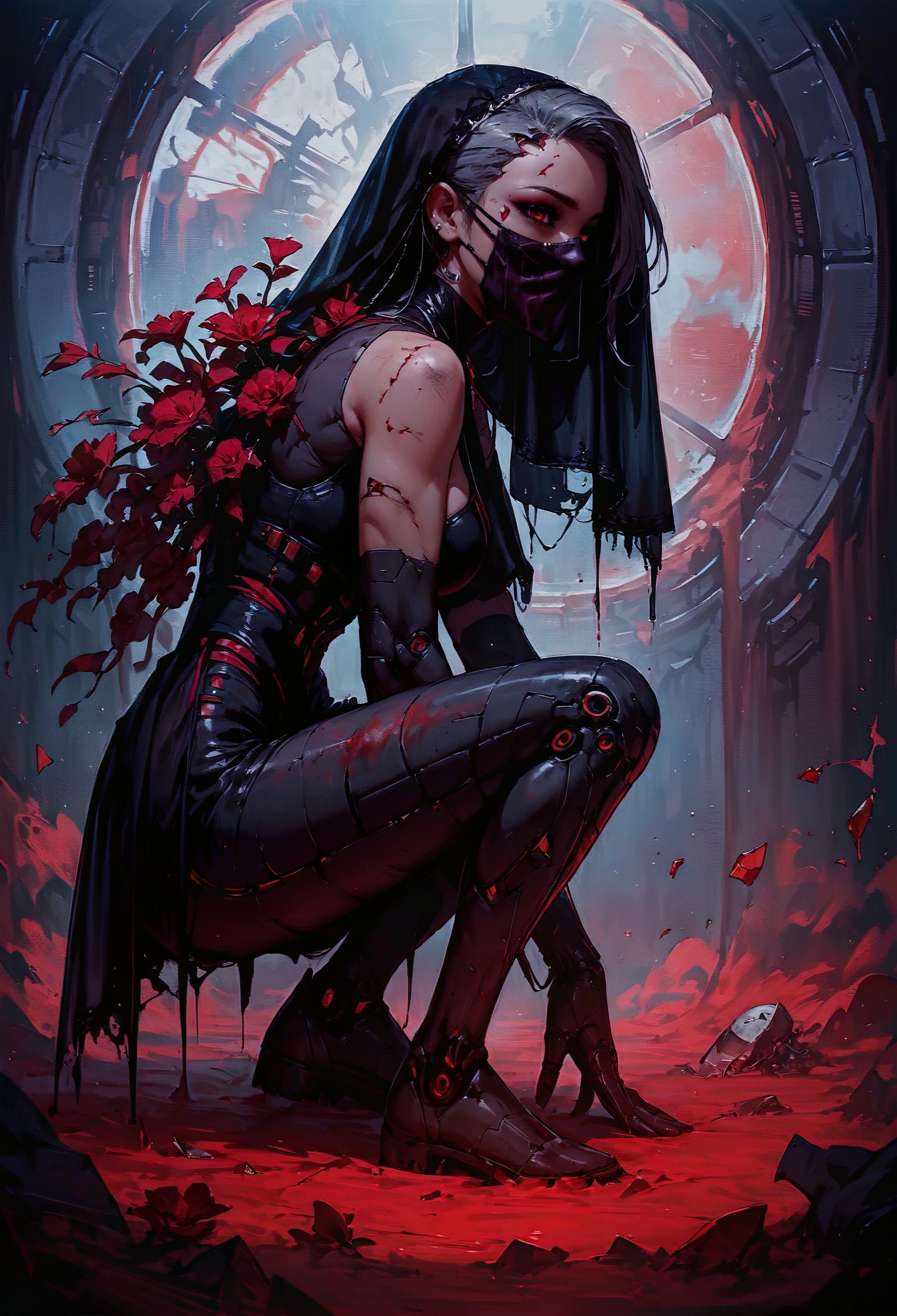 score_9, score_8_up, score_7_up,  1girl, side view, looking at viewer, (full body:1.2), techno suit, technology, uncommon appearance, (crashed spaceship, broken spaceship on the background), gray hair, half face covered, (robotic half face, half face cyborg, cyborg), injuries, blood, (face mask, broken mask, veil, broken glass), mystic, holding bloody knife, (black veil, face veil, final boss:1.2), red flowers  <lora:pony/twilight_style:0.8> concept art, realistic <lora:pony/expressiveh:0.4> expressiveh <lora:sdxl/princess_xl_v2:0.8> <lora:pony/vixon_gothic_neon_style:0.32> g0thicPXL, glowing, neon