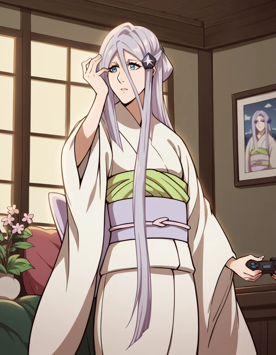 score_9, score_8_up, score_7_up, source_anime, <lora:sode-no-shirayuki-anime-ponyxl-lora-nochekaiser:1>, sode no shirayuki, long hair, blue eyes, hair ornament, purple hair, flower, hair flower, light purple hair,, japanese clothes, kimono, sash, obi,, living room, video game, controller, competitive, fun, afternoon, , , arm out, knee up, hand open, solo,, cowboy shot, dutch angle