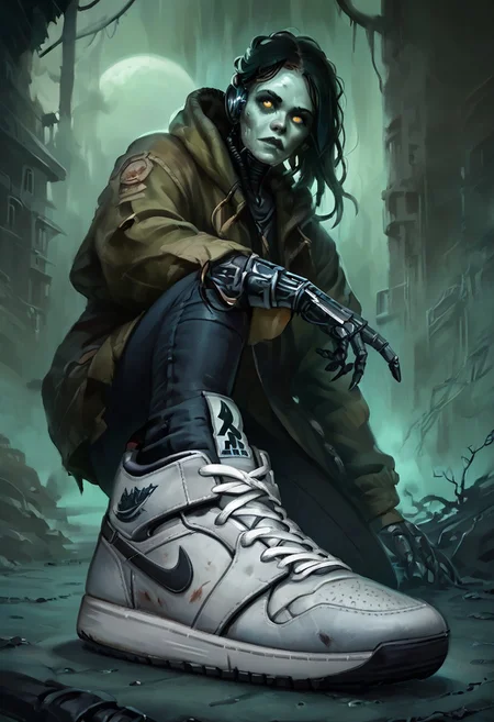 score_9, score_8_up, score_7_up, w4rh4mm3r style oil painting, grimdark, 18 year old female cyborg, eerie horror background, foggy, hud_sh03_sh0w, foreshortening, looking at viewer, sneakers, Nike, wearing cybernetic sneakers, mechanical arms