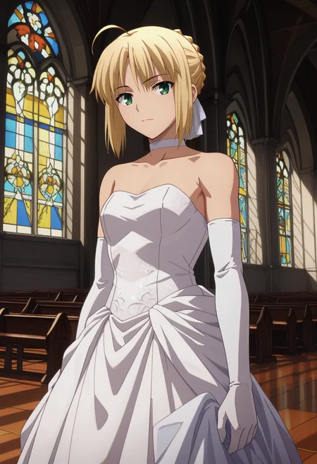 score_9,
<lora:FateStayNightUBW_SaberXL:0.9>, SaberFS,
1girl, solo,
blonde hair, green eyes, short hair, french braid, ahoge,
SaberWedding, wedding dress, white dress, strapless, choker, elbow gloves,
standing, looking at viewer,
indoors, church