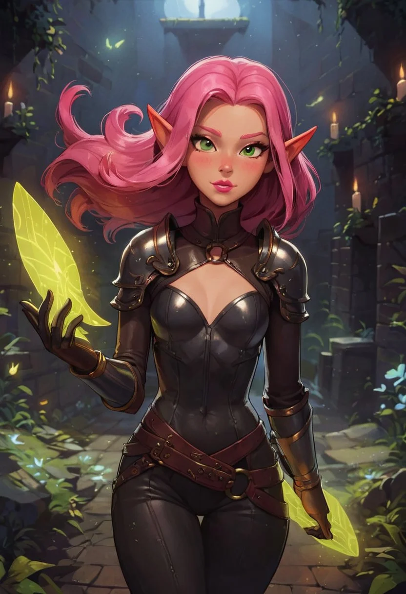 safe_pos, score_9, score_8_up, score_7_up, pov from the side, dynamic pose, beautiful, pink hair, female elf, glowing green eyes, long hair, small breasts, pink lipstick, dark black leather armor, holding enchanted shortsword, dungeon background,
BREAK
(((fully clothed)))
