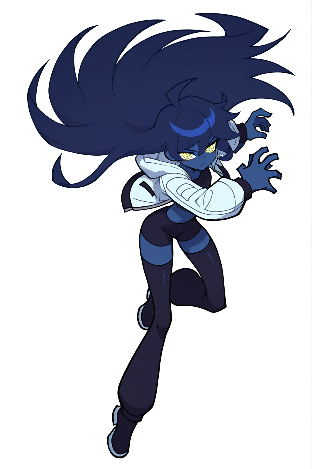 1girl, solo, full character, dynamic pose, dark blue skin, yellow eyes, demonic, white jacket, white background
masterpiece, best quality, newest, absurdres, highres, sensitive,  <lora:YugiHose:1>