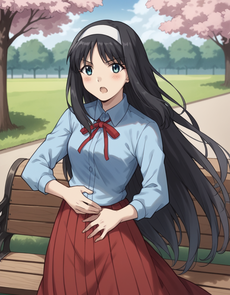 score_9, score_8_up, score_7_up, source_anime, <lora:carnivalphantasm-akiha-toono-ova-ponyxl-lora-nochekaiser:1>, akiha toono, tohno akiha, long hair, blue eyes, black hair, hairband, white hairband, medium breasts,, skirt, red skirt, long skirt, shirt, collared shirt, long sleeves, ribbon, red ribbon, blue shirt, park, cherry blossoms, bench, gentle breeze, peaceful, running, open mouth,, , looking at viewer, hand on stomach, blush,, solo,, dutch angle, cowboy shot