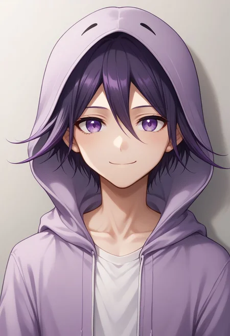 score_9, score_8_up, source_anime, highly detailed, 1boy, solo, skinny, cute, short,
kokichi, male focus, 1boy, solo, purple eyes, bangs, purple hair, upper body, hoodie, hood, smile, closed mouth,
indoor,