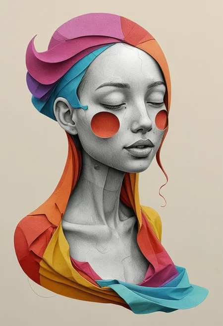 Minimalist monochromatic sculpture emphasizing form and negative space, Surreal digital art, partially naked smiling Eco-conscious nomads, inviting look, mimicking position, windy colorful fabric, <lora:Graphic_Portrait_v2:0.6> pop surrealism, pop art, drawing, painting , <lora:linquivera:0.4> linquivera, liiv1 <lora:XSfenlie:0.4> fenliexl, mixed media, surrealism, <lora:Isometric Cutaway:0.4> Isometric Cutaway page, <lora:add-detail-xl:2>