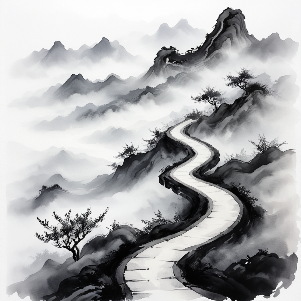 <lora:Zen_Ink_Wash_Sumi-eSDXL:1> ArsMJStyle, Zen Ink Wash Sumi-e, A winding mountain path with mist rolling in, monochrome, greyscale, white background, serene, no humans, traditional media, ink, solo, landscape.