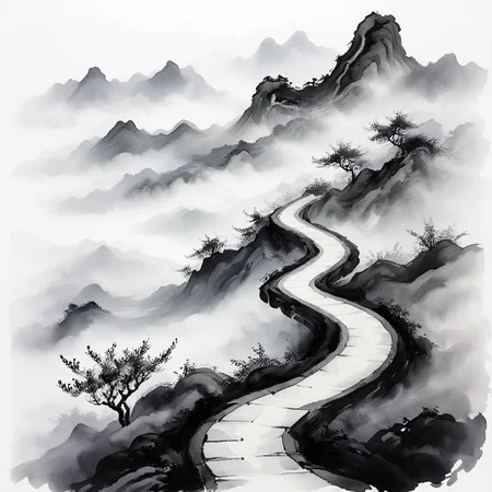 <lora:Zen_Ink_Wash_Sumi-eSDXL:1> ArsMJStyle, Zen Ink Wash Sumi-e, A winding mountain path with mist rolling in, monochrome, greyscale, white background, serene, no humans, traditional media, ink, solo, landscape.
