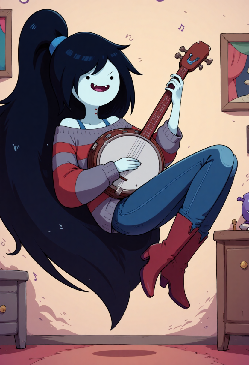 A whimsical, colorful illustration of Marceline Abadeer with a pale blue complexion, relaxed and joyful, playing a banjo. She is dressed in a cozy oversized sweater with red and gray elements, blue jeans and leather red boots. Her hair is in a loose pny tail with a blue lace, with a playful posture, floating in the air comfortably with one leg bent. The background is a simple, blurred bedroom setting to emphasize the character, using vibrant hues of dark blues and reds, creating a dreamy atmosphere. She features a broad smile with pronounced fangs, suggesting a playful and mischievous demeanor. Surround the scene with soft, abstract shapes and gentle, floating music notes to capture the essence of music filling the air. The overall aesthetic is cartoonish and lively, reflecting a sense of fun and creativity.<lora:CustomFlux/Marceline_Abadeer.safetensors:1.0:1.0>