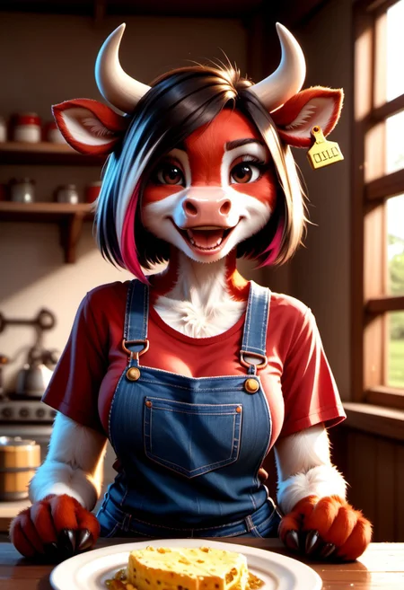 (((score_9, epic-Ultra-HD-details, epic-Ultra-HD-highlights, photo-same-realistic upscaled-resolution, source_photo, analog photo, ultra-realism, physically-realistic, lit, furry-characteristics))) 50mm lens, aperture opening of f/4.0, (cinematic light, vivid colors like HDR+, sharp focus),
FMW1, kftenhance, 1girl, upper body, fluffy, detailed fur, body fur, realistic fur, 4 finger paws,
red cow, red fur, cow ears, small horns, very short hair, brown eyes, curvy, medium breasts, big white ear tag, red checkered shirt, jeans overalls, looking at viewer, half closed eyes, laughing, plate of cheese,
farm exterior, morning,
intricate details, caustic background, studio lighting