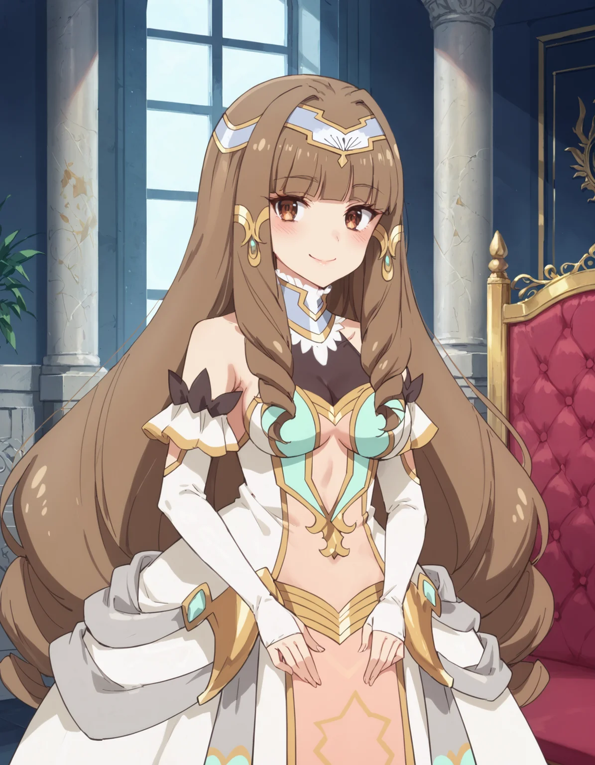 score_9, score_8_up, score_7_up
BREAK
elizabeth_olis, 1girl, solo, brown hair, drill sidelocks, very long hair, brown eyes, gown, circlet, hair tubes, high collar, see-through cleavage, elbow gloves, looking at viewer, blush, smile, cowboy shot
BREAK
throne room, throne, column, window, day
<lora:elizabeth_Lv2karaCheat_ponyxl_v01:1>