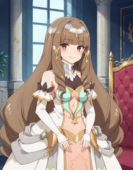 score_9, score_8_up, score_7_up
BREAK
elizabeth_olis, 1girl, solo, brown hair, drill sidelocks, very long hair, brown eyes, gown, circlet, hair tubes, high collar, see-through cleavage, elbow gloves, looking at viewer, blush, smile, cowboy shot
BREAK
throne room, throne, column, window, day
<lora:elizabeth_Lv2karaCheat_ponyxl_v01:1>