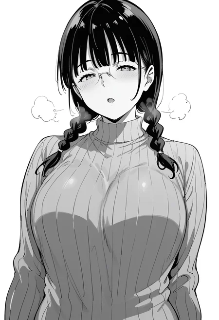 score_9, score_8_up, score_7_up, source_anime, simple background, white background, monochrome, greyscale,
1girl, solo, Alp, miyoshi, long hair, bangs, braid, glasses, twin braids, huge breasts, mature woman, long sleeves, vertical sweater, sweater dress, waist, groin, getting very close, upper body, breath, cowboy shot,
looking at viewer, moaning,
<lora:ringoya-miyoshi-manga-ponyxl-lora-nochekaiser:0.6> <lora:Alp:0.4> manga_style, <lora:Saeki_Shun_Tosh_Style:0.4>