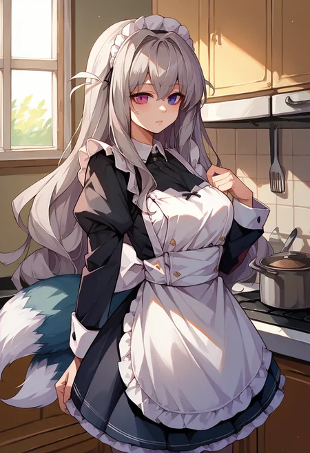 score_9, score_8_up, source_anime, 1girl, solo, Murmansk, heterochromia, fox tail, two tails, grey hair, long hair, maid, maid headdress, maid apron, kitchen, <lora:ChamMurmanskPonyXL:1>