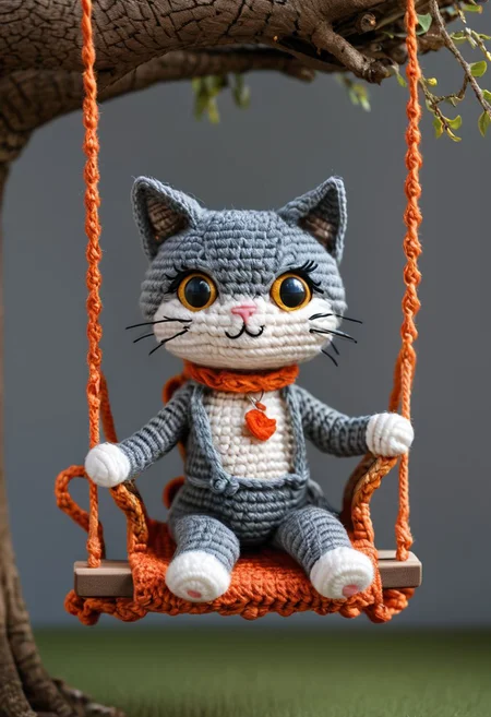 a cat enjoying himself on a swing from a tree, by saint exupery, crocheted style