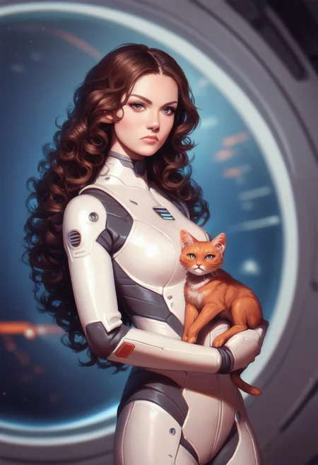 score_9, score_8_up, score_7_up, 1girl, solo, long hair, curly hair, brown hair, spacesuit, holding cat, industrial background, sci-fi, serious expression, orange cat, detailed, high contrast, looking at viewer, realistic, futuristic, spaceship interior, intricate machinery, standing pose, resilient, strong female character