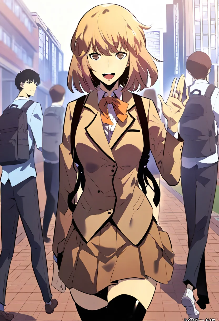 8K, depth of field, focused subject, best quality, <lora:solo_leveling_by_readandsign_fin-000014:1>,
f64u, hae-in cha (solo leveling), 1girl, looking at viewer, smile, short hair, open mouth, bangs, multiple girls, skirt, blonde hair, brown hair, shirt, thighhighs, long sleeves, 1boy, bow, brown eyes, school uniform, standing, jacket, :d, pleated skirt, outdoors, multiple boys, shoes, teeth, solo focus, black thighhighs, bowtie, medium hair, bag, twitter username, vest, tree, blazer, backpack, building, walking, school bag, brown skirt, brown jacket, waving, school