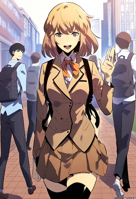 8K, depth of field, focused subject, best quality, <lora:solo_leveling_by_readandsign_fin-000014:1>,
f64u, hae-in cha (solo leveling), 1girl, looking at viewer, smile, short hair, open mouth, bangs, multiple girls, skirt, blonde hair, brown hair, shirt, thighhighs, long sleeves, 1boy, bow, brown eyes, school uniform, standing, jacket, :d, pleated skirt, outdoors, multiple boys, shoes, teeth, solo focus, black thighhighs, bowtie, medium hair, bag, twitter username, vest, tree, blazer, backpack, building, walking, school bag, brown skirt, brown jacket, waving, school