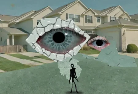 a weirdcore composition that explores the theme of a distorted suburban environment with a focus on cracked paint, many eyes, and a human silhouette in an unsettling setting <lora:y2kmadmix_v0.0.1:1>