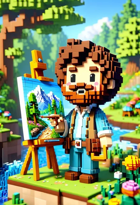 ral-vxl bob Ross, painter, easel, landscape painting