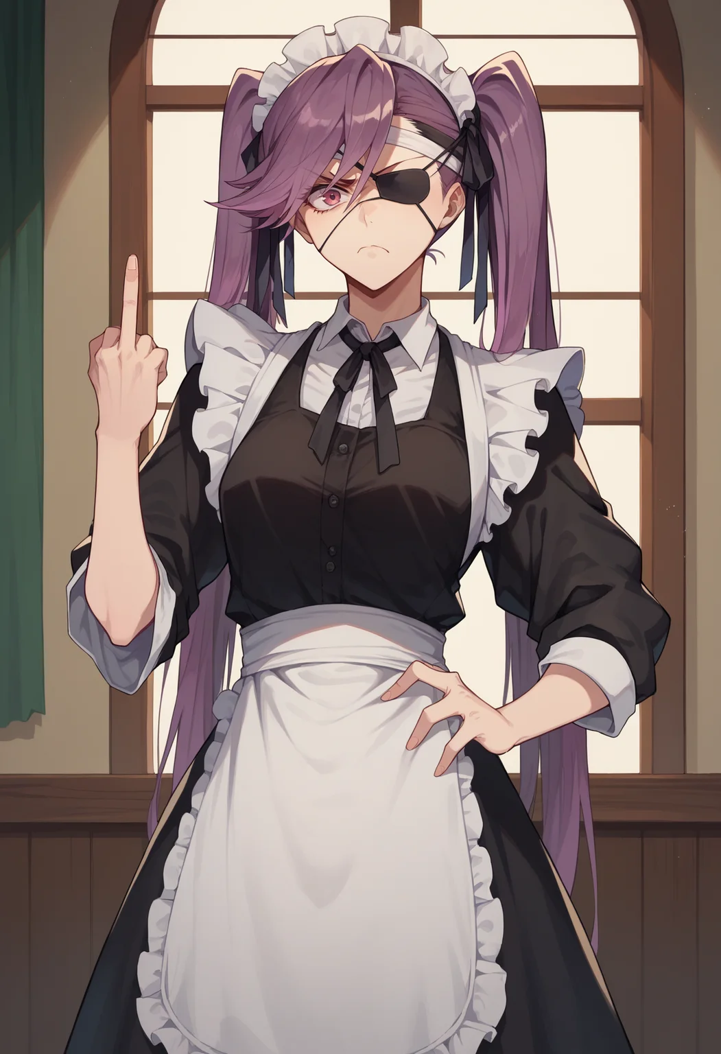 score_9, score_8_up, score_7_up, 1girl, standing, indoors, maid outfit, looking at viewer, angry, frown, middle finger, closed mouth, eyepatch, standing, <lora:ryth-saito-furoufushi:1>, saito_furoufushi,