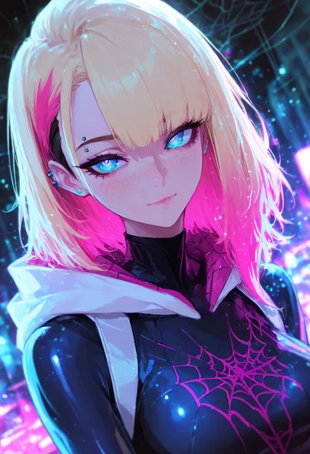 (EyesHD:1.2), (4k,8k,Ultra HD), masterpiece, best quality, ultra-detailed, very aesthetic, sharp focus, depth of field, vibrant colors, ray tracing, best lighting, detailed illustration, detailed background, cinematic, glowing particles, shinny, glitter, beautiful face, beautiful eyes, gwen stacy, 1girl, solo,  blue eyes, eyebrow piercing, blonde hair, asymmetrical hair, undercut, two-tone hair, pink hair, medium hair, skin tight,  bodysuit, superhero, spider web print, hood down, dynamic angle, freckles,y, portrait, den,