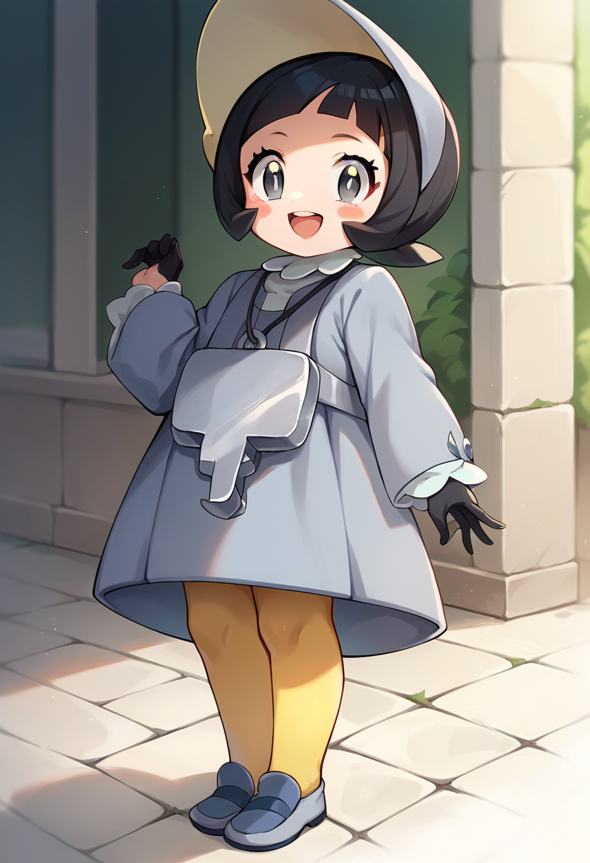score_9, score_8_up, score_7_up, source_anime, masterpiece, 1girl, ctianpoppy,  grey dress, long sleeves, grey eyes, bonnet, yellow pantyhose, necklace, black gloves, blush stickers, looking at viewer, grey shoes, outdoors, open mouth, smile, <lora:r_Poppy ãã_pokemon_pony_ct:0.8>